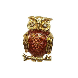 Brown Enamel Clear Rhinestone Owl Tie Tack Pin Gold Tone Vintage